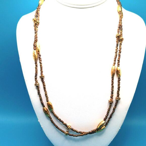 Chico's Long Beaded Necklace, Natural and Gold Tone Beads, 47 Inches, Layering - Picture 5 of 10